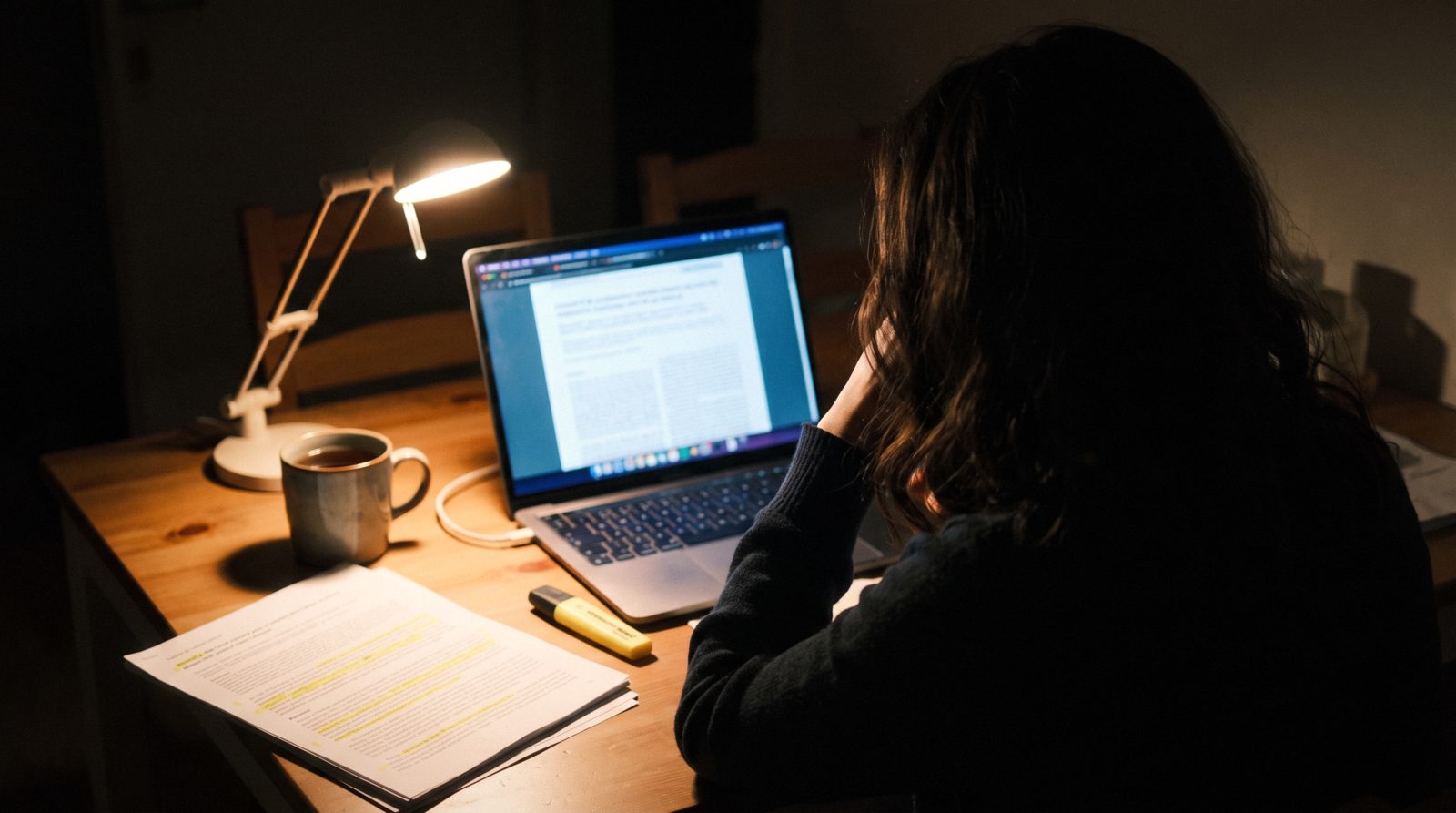 My desk at night, printed studies and a highlighter