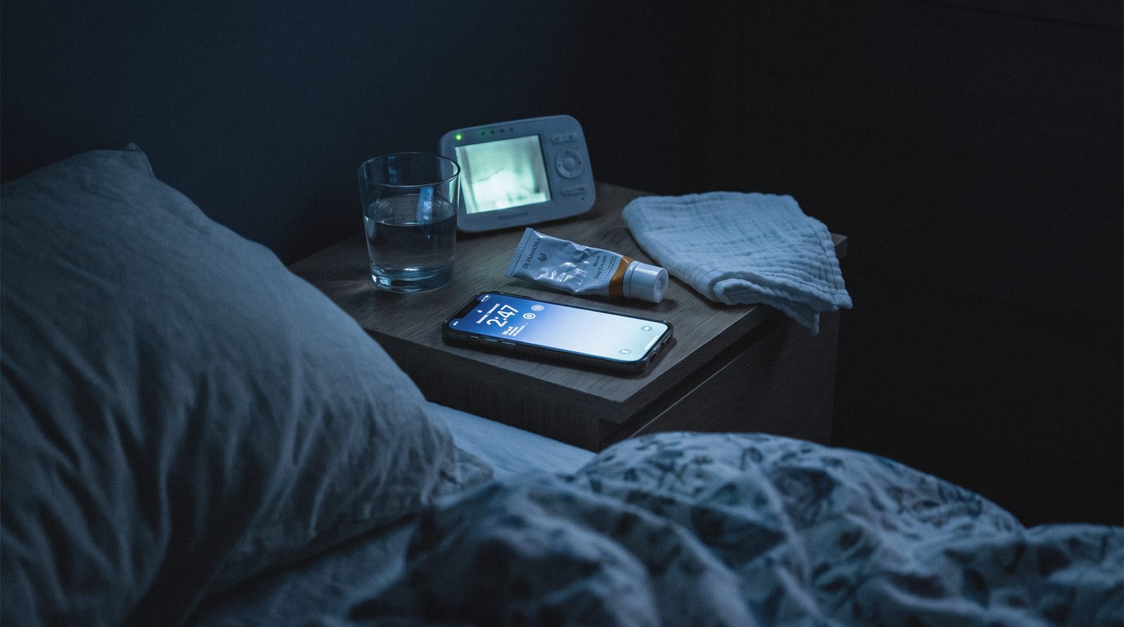 Awake in the middle of the night, the baby monitor glowing on the nightstand
