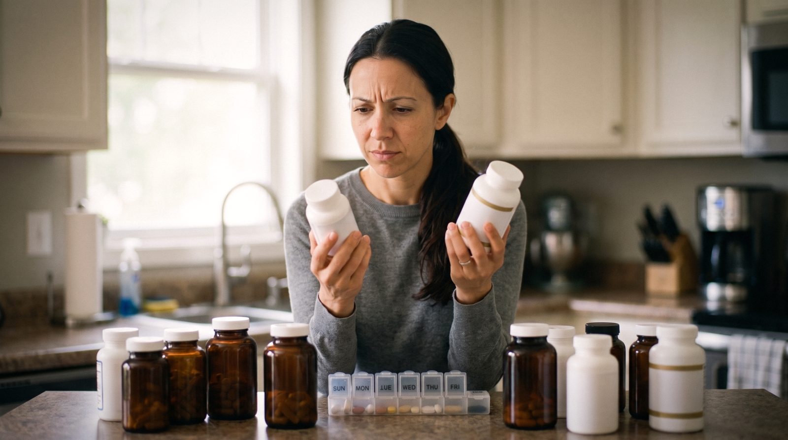 A countertop full of supplement bottles