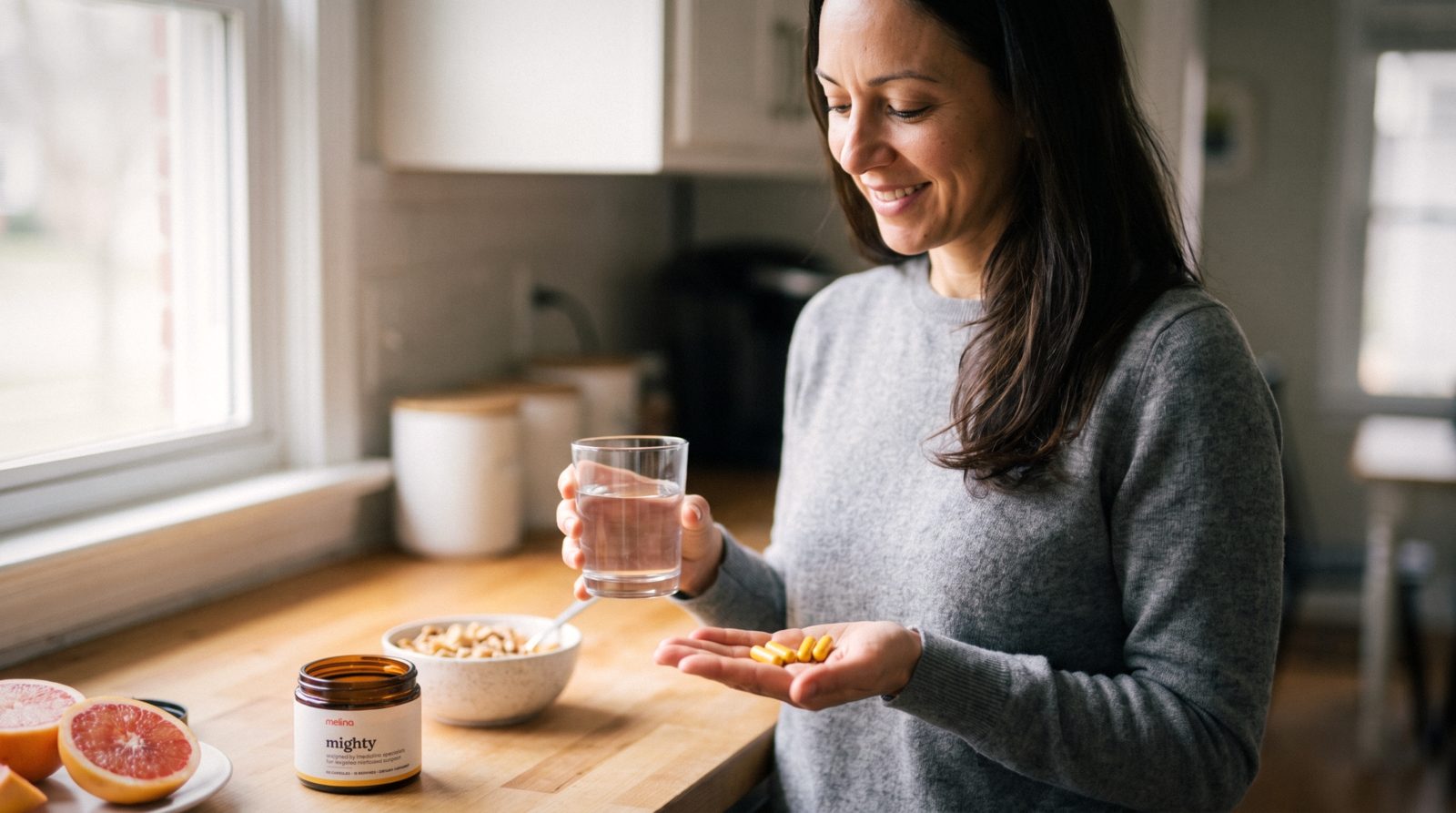 Mighty on the kitchen counter with the morning's four capsules